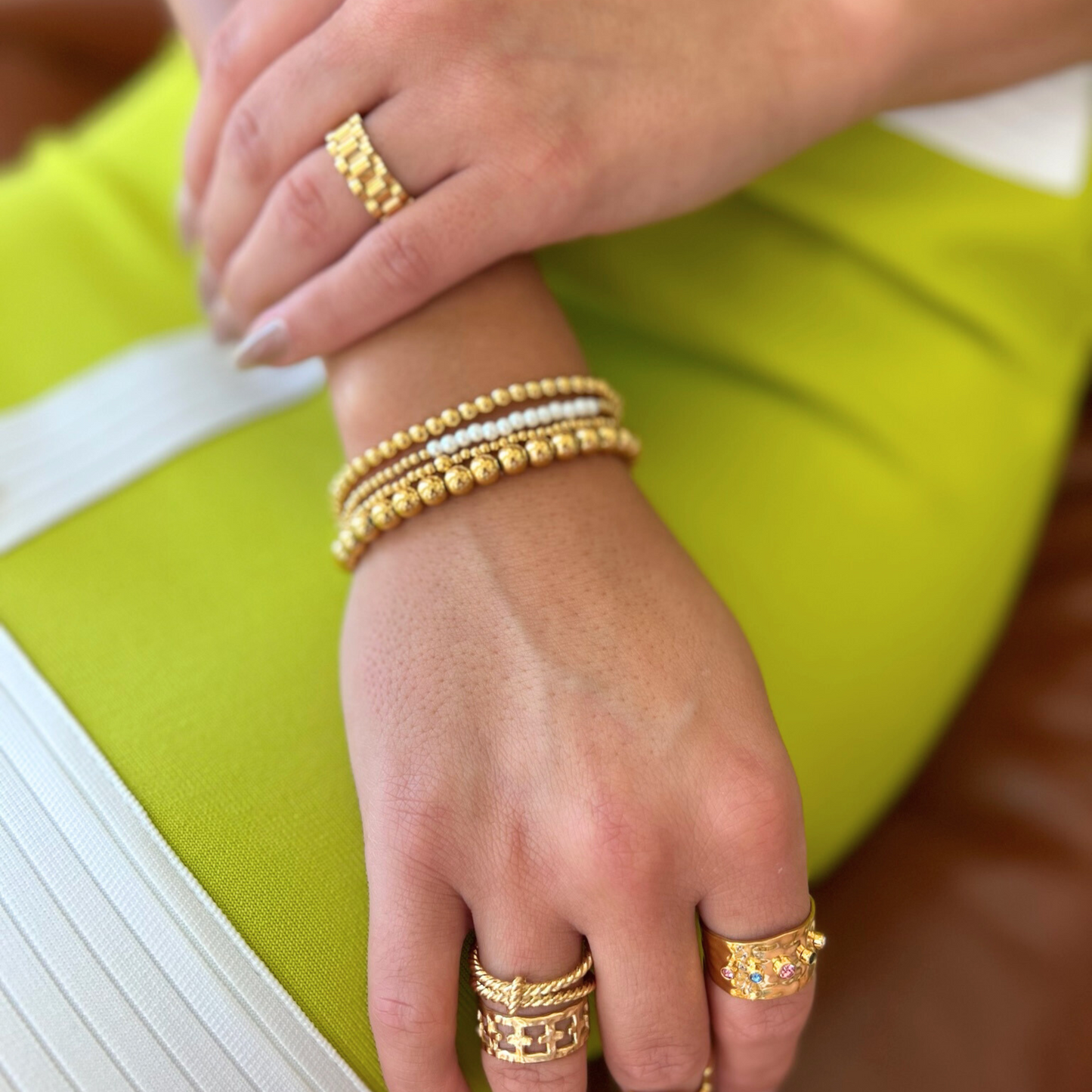 Four Strand Gold Bead & Pearl Bracelet Set