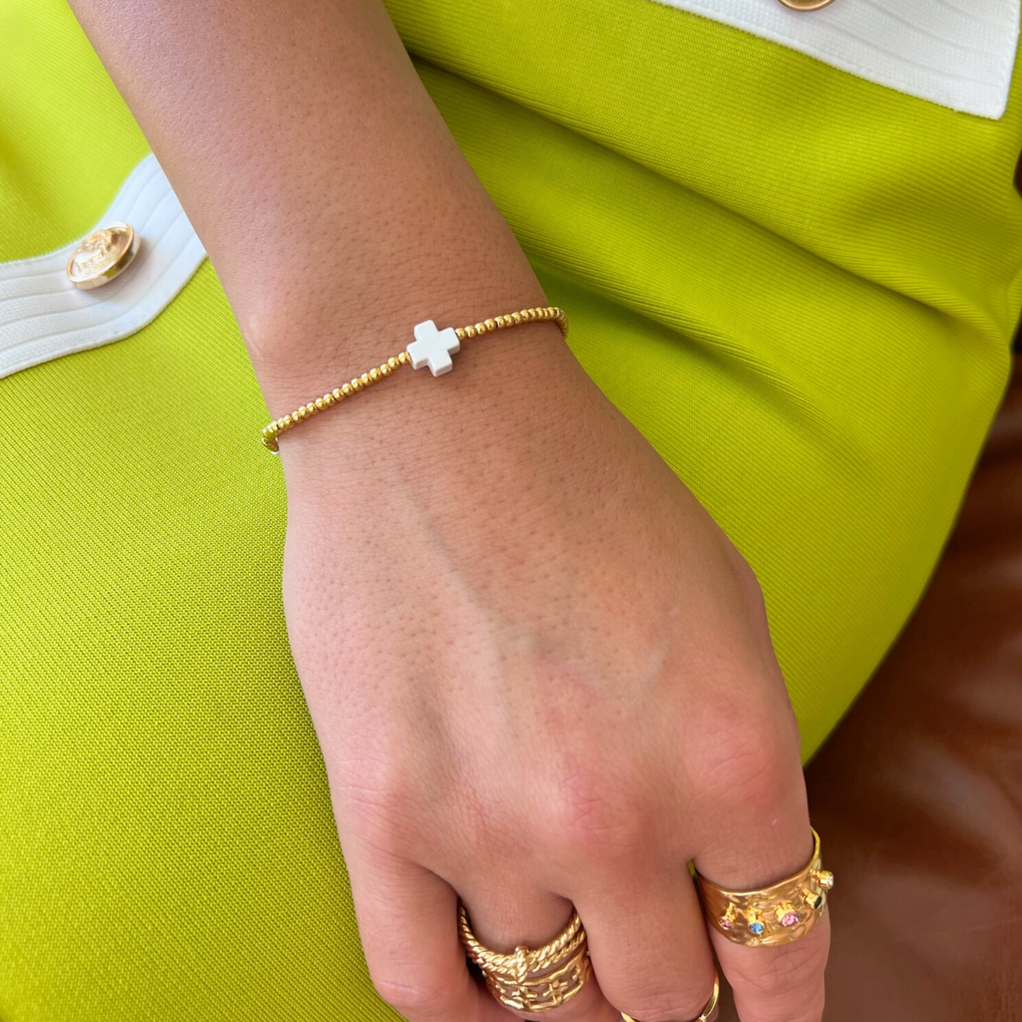 2.5mm Gold Bead & White Cross Stretch Bracelet