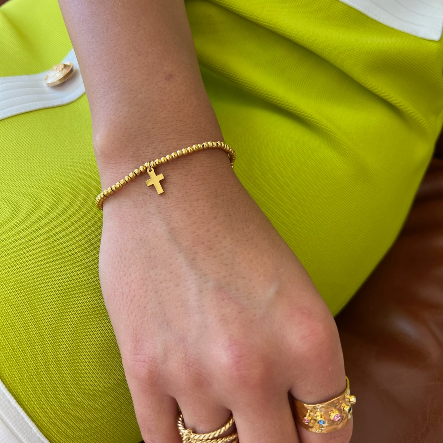 3mm Gold Bead with Gold Cross Stretch Bracelet