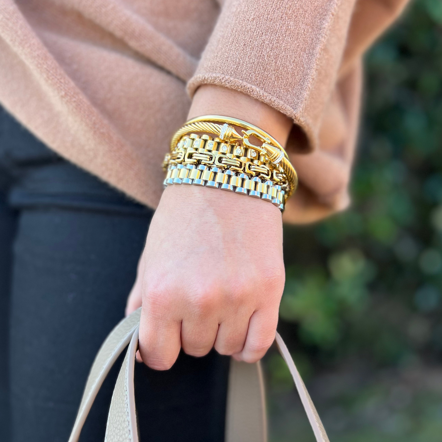 Gold Watchband Bracelet with Cubic Zirconia