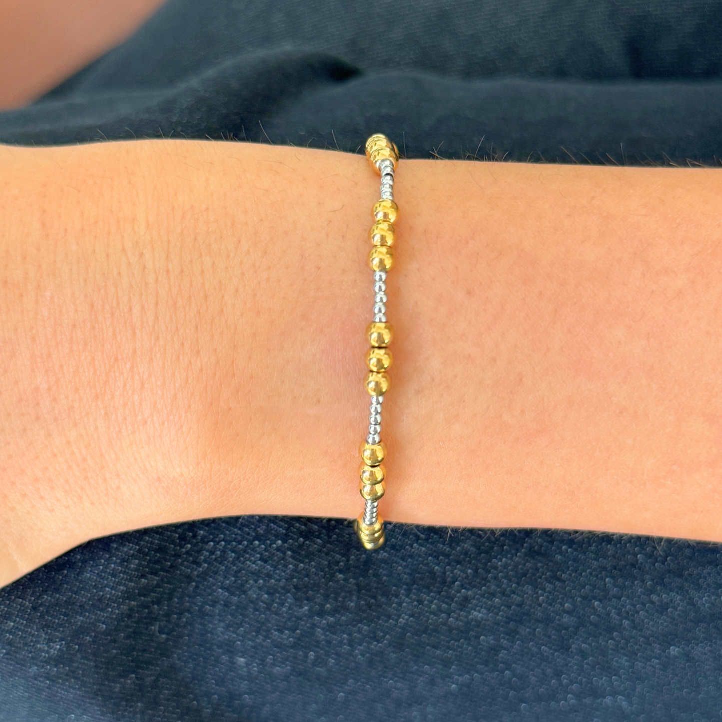 2mm Silver Bead and 4mm Gold Bead Station Bracelet