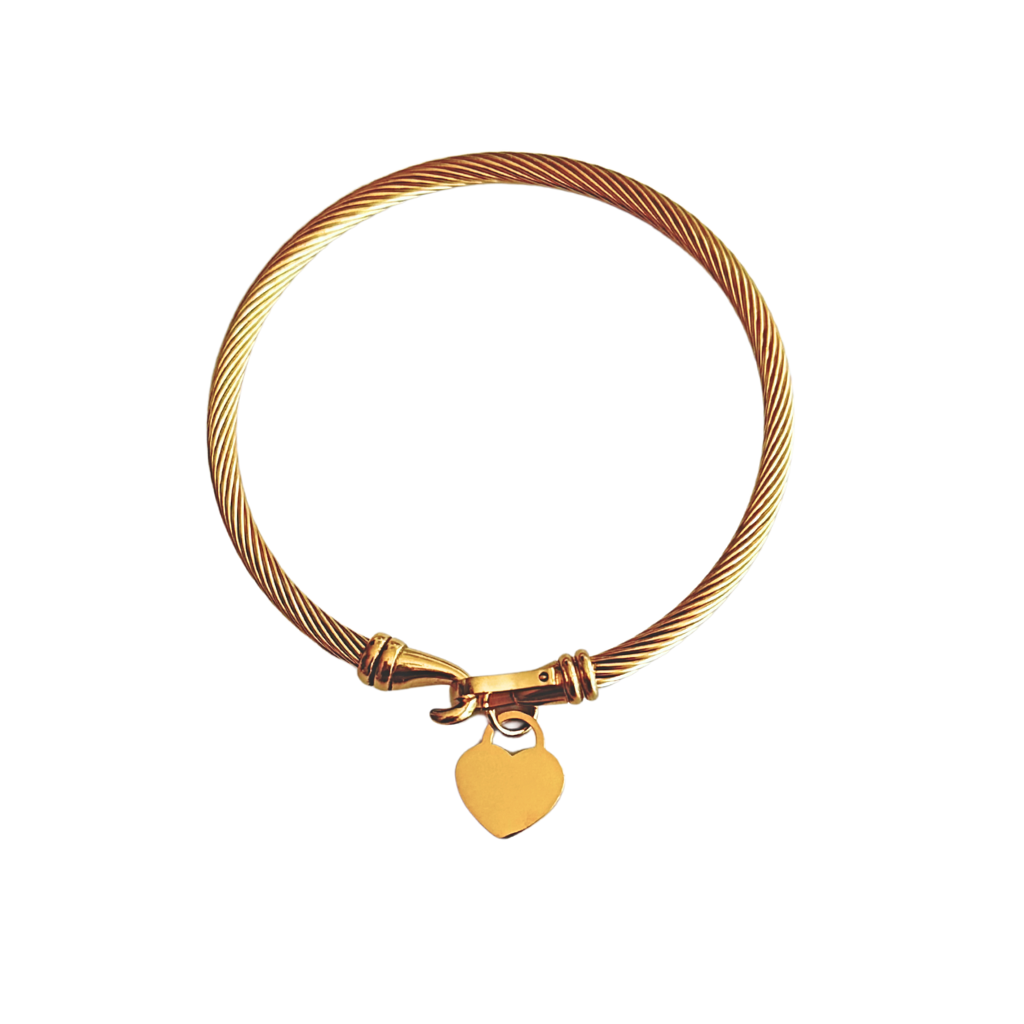 Gold Cable Bangle with Heart Charm