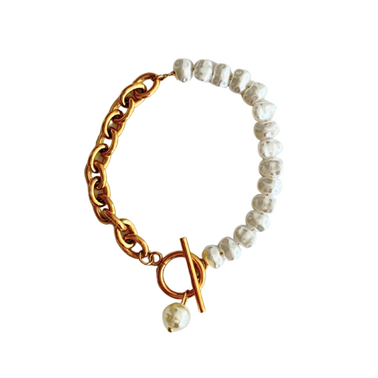 Half Pearl Half Gold Chain Toggle Clasp Bracelet