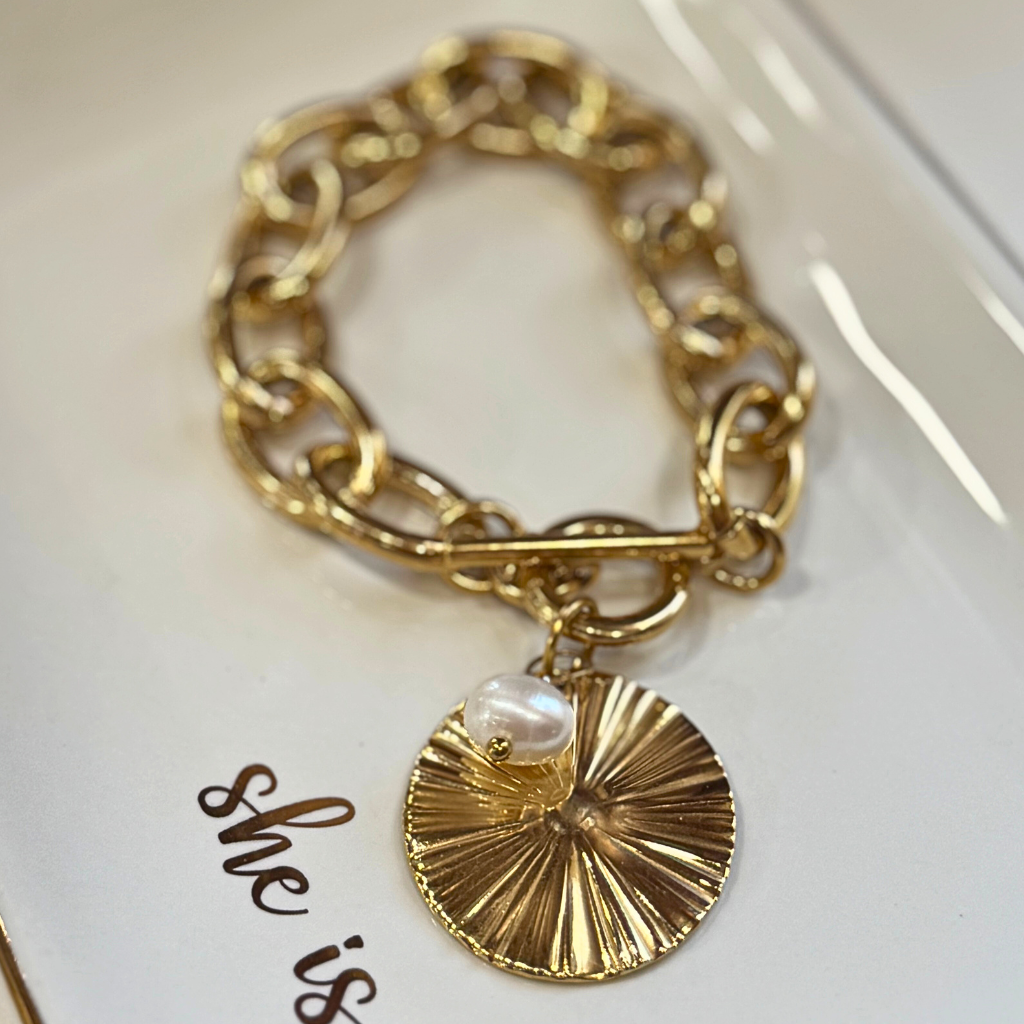 Gold Medallion and Pearl Charm Bracelet