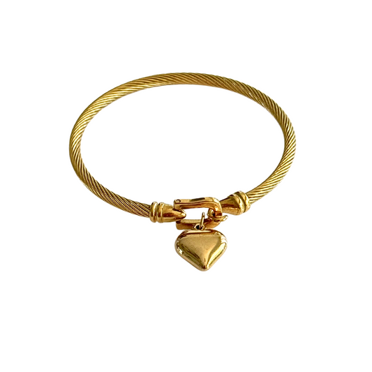 Gold Puff Heart Cable Clasp Bracelet