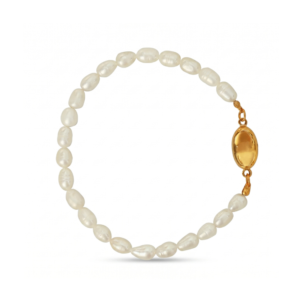 Pearl bracelet with a gold clasp on a white background