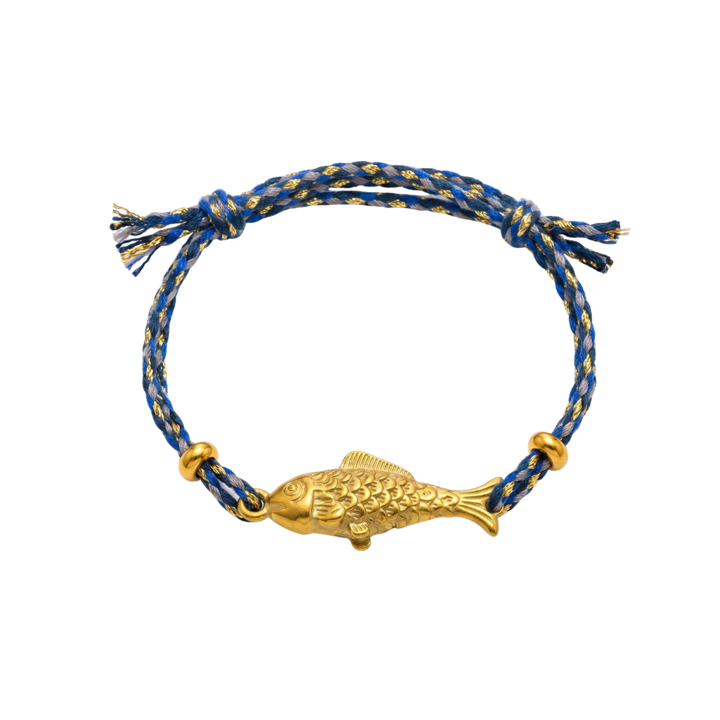 Navy & Gold Cotton Thread Gold Fish Adjustable Bracelet