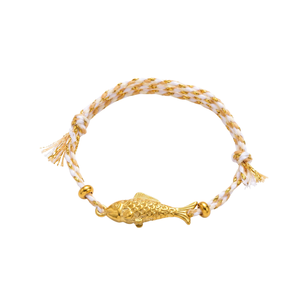 Gold & White Cotton Thread Gold Fish Adjustable Bracelet