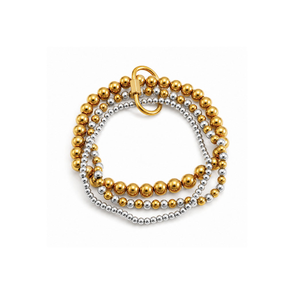 Two-Tone Beaded Bracelet Set of 3 with Gold Buckle Clasp