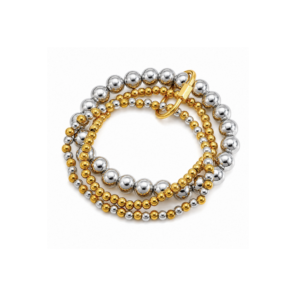 Two-Tone Set of 3 Beaded Bracelets with Gold Buckle