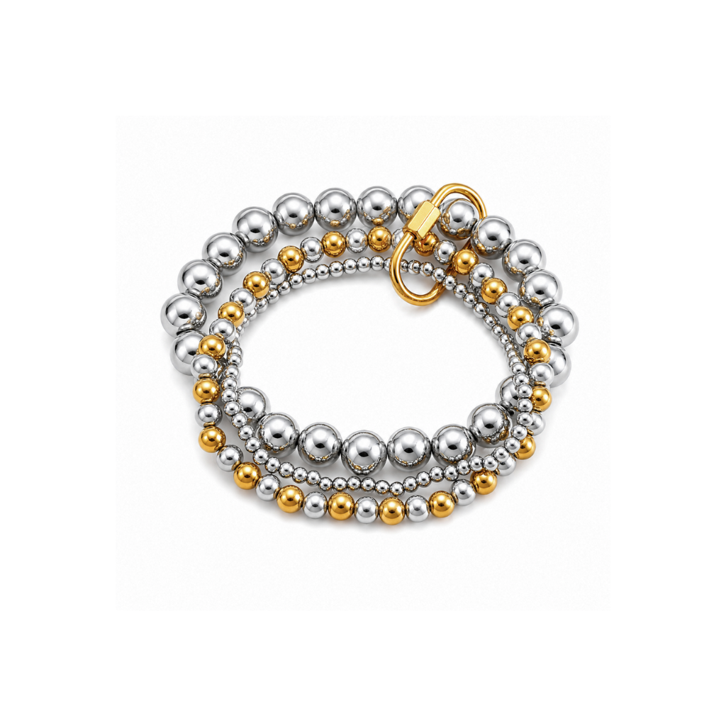 Two-Tone Beaded Set of 3 Bracelets with Gold Buckle