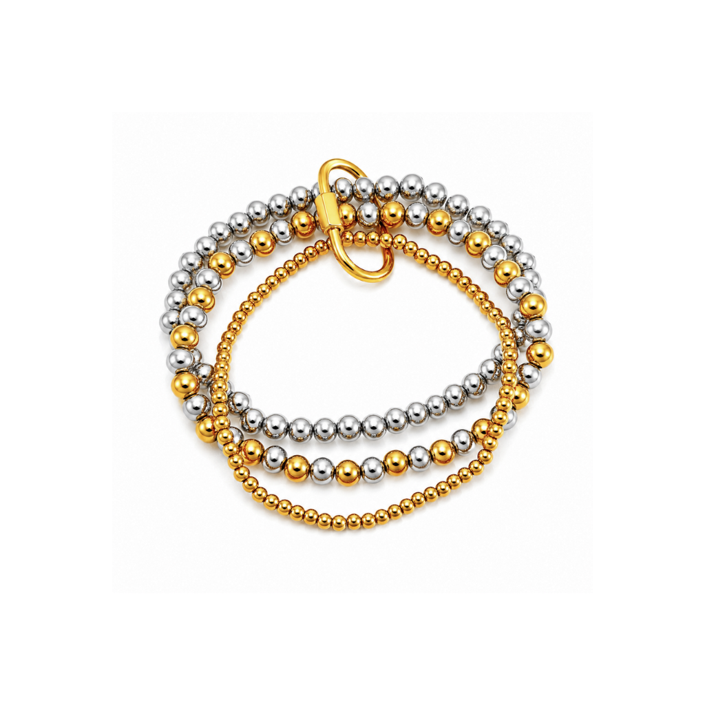Two-Tone Beaded Set of 3 Bracelets with Gold Buckle
