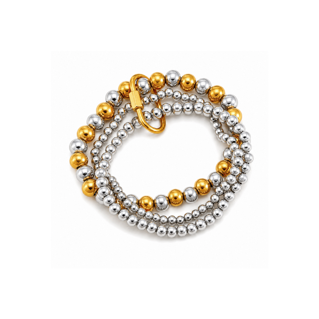 Two-Tone Set of 3 Beaded Bracelets with Gold Buckle