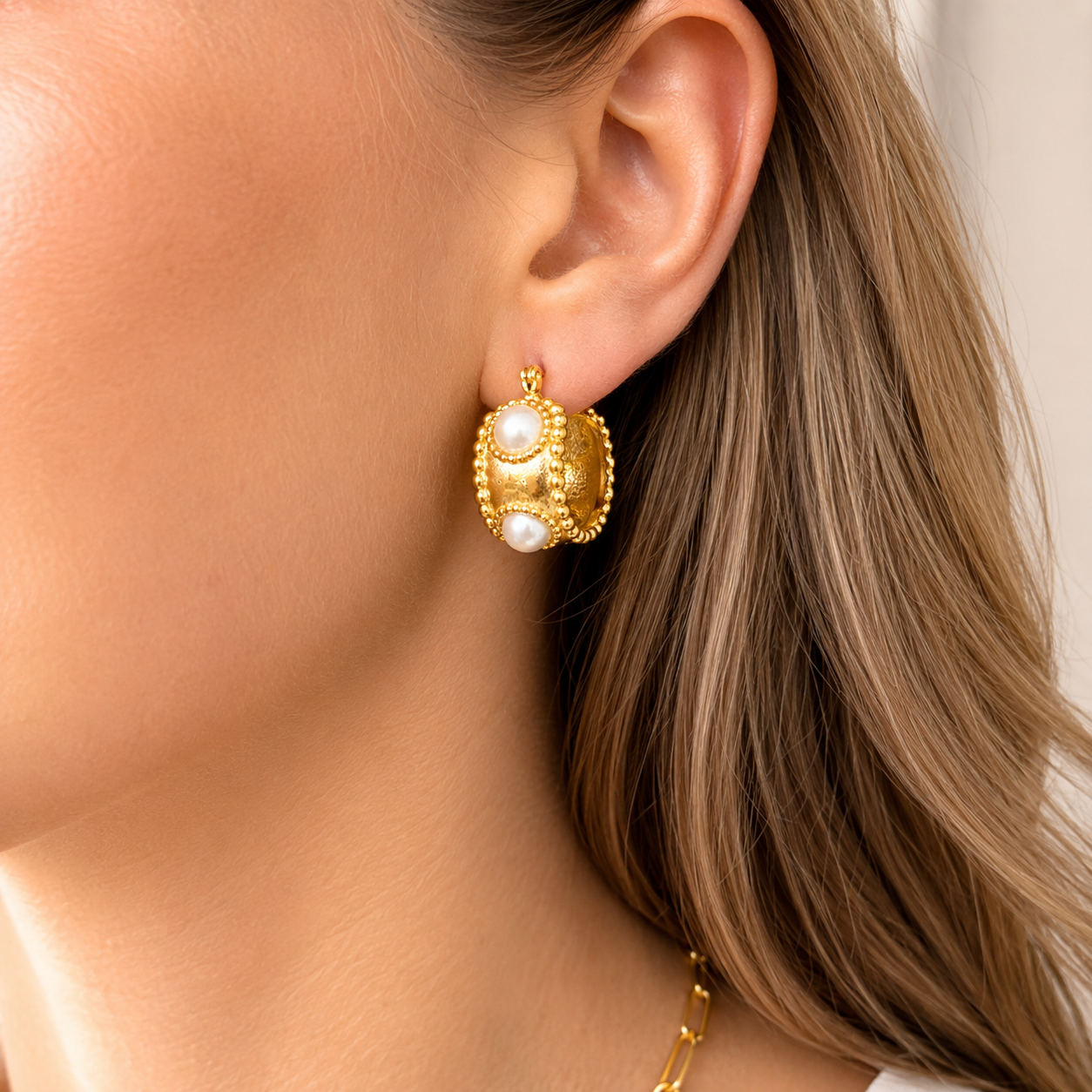 Gold Wide Pearl Inlay Hoop