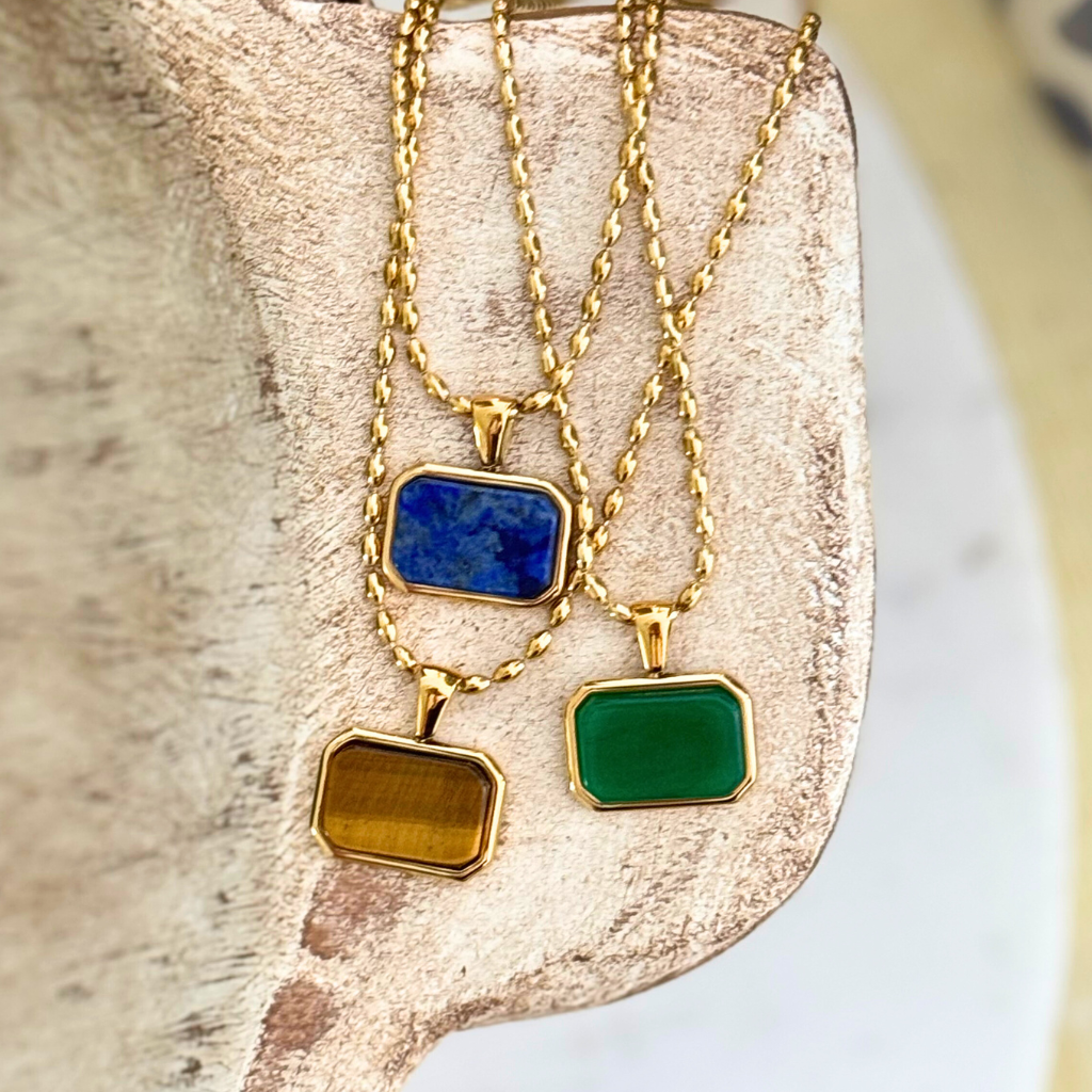 Gold Rice Chain with Natural Tiger's Eye Quartz Pendant Necklace