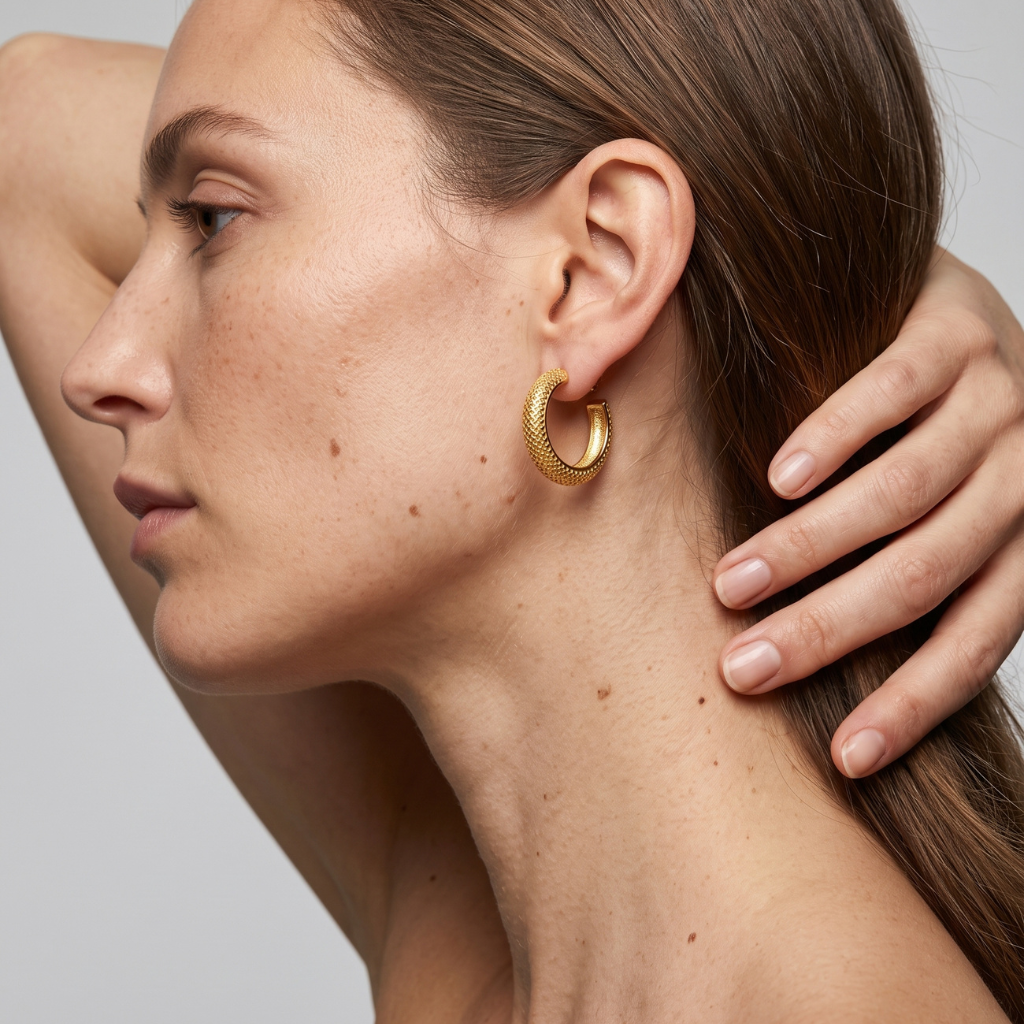 woman wearing gold scales c-shape half hoop.