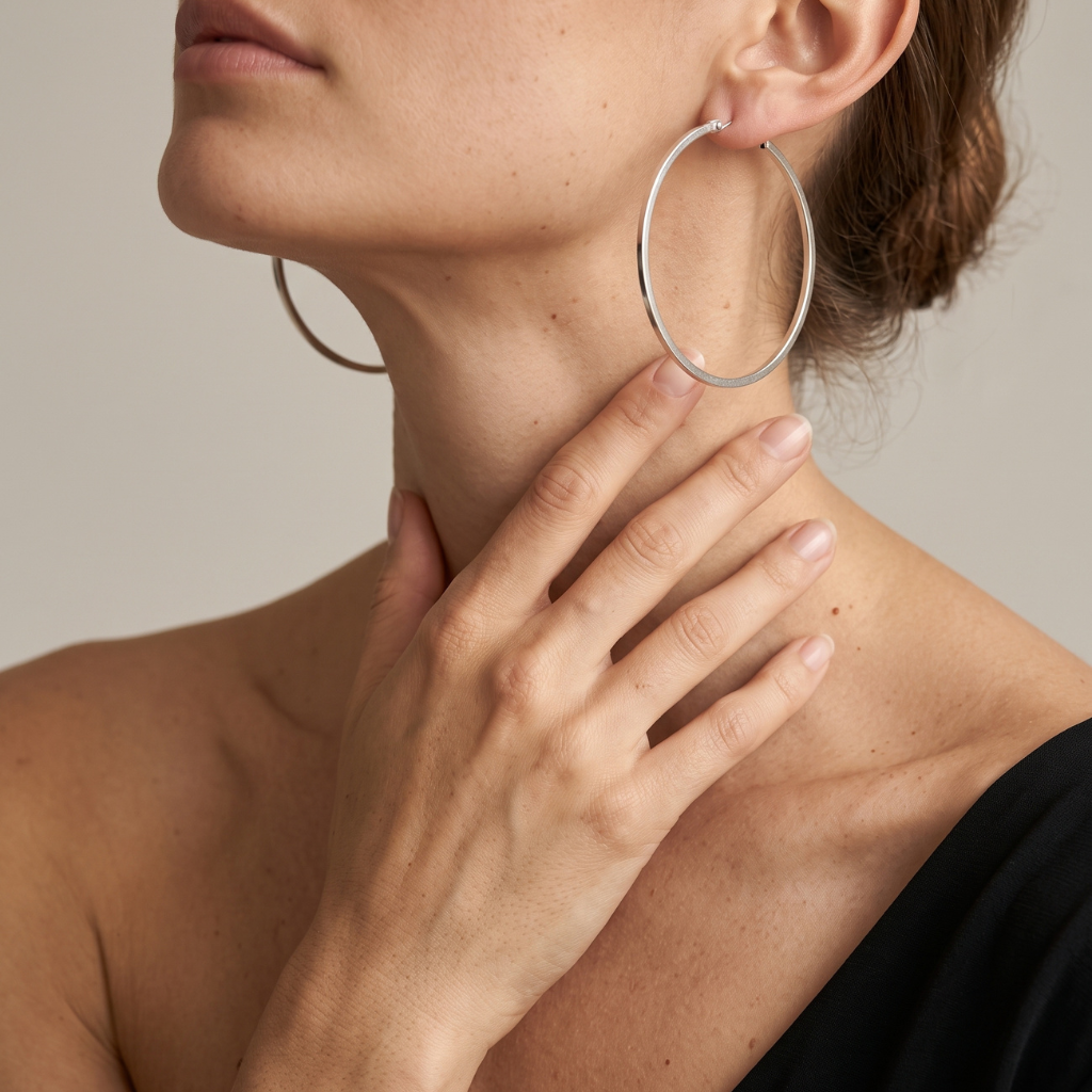 A close-up of a woman wearing a large, thin silver hoop earring on her ear, with her hand resting on her neck. The background is a soft, neutral beige studio backdrop.