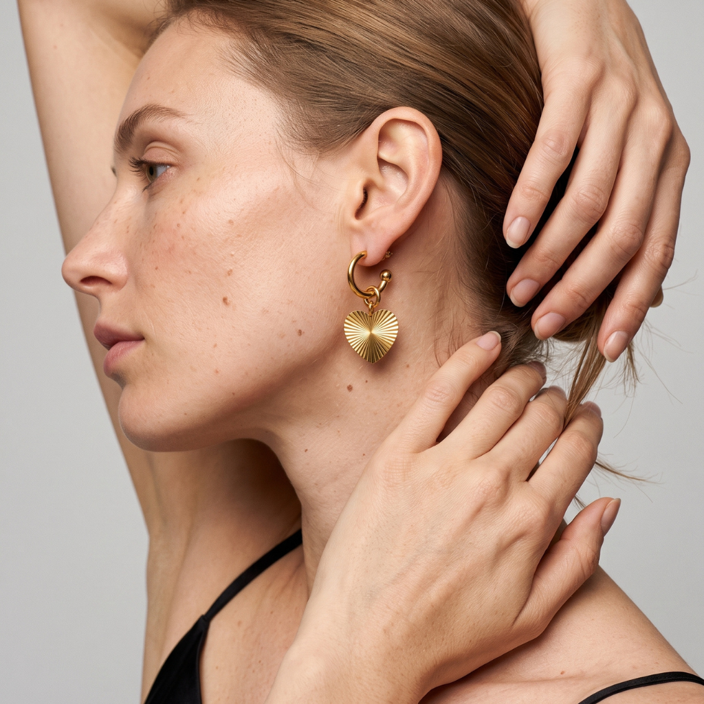 A close-up side profile of a woman wearing a gold huggie hoop earring with a dangling sunburst heart charm, set against a neutral gray background.