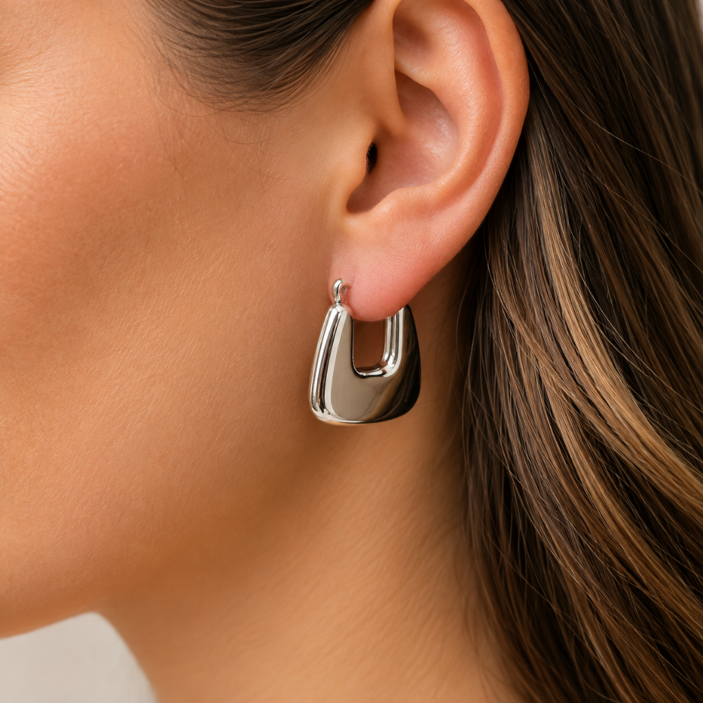A close-up of a woman's ear wearing a polished silver geometric hoop earring.