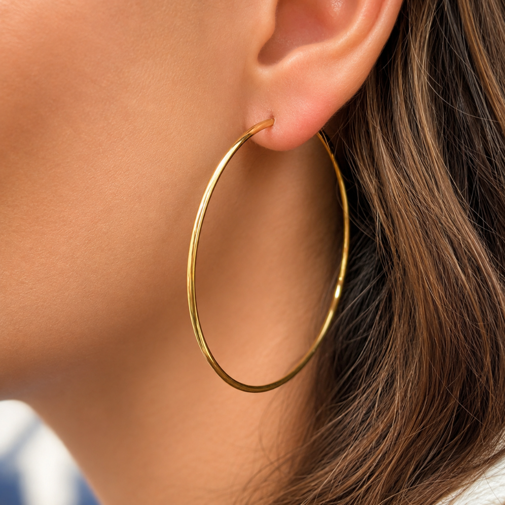 A close-up of a person's ear wearing a thin, polished gold hoop earring.