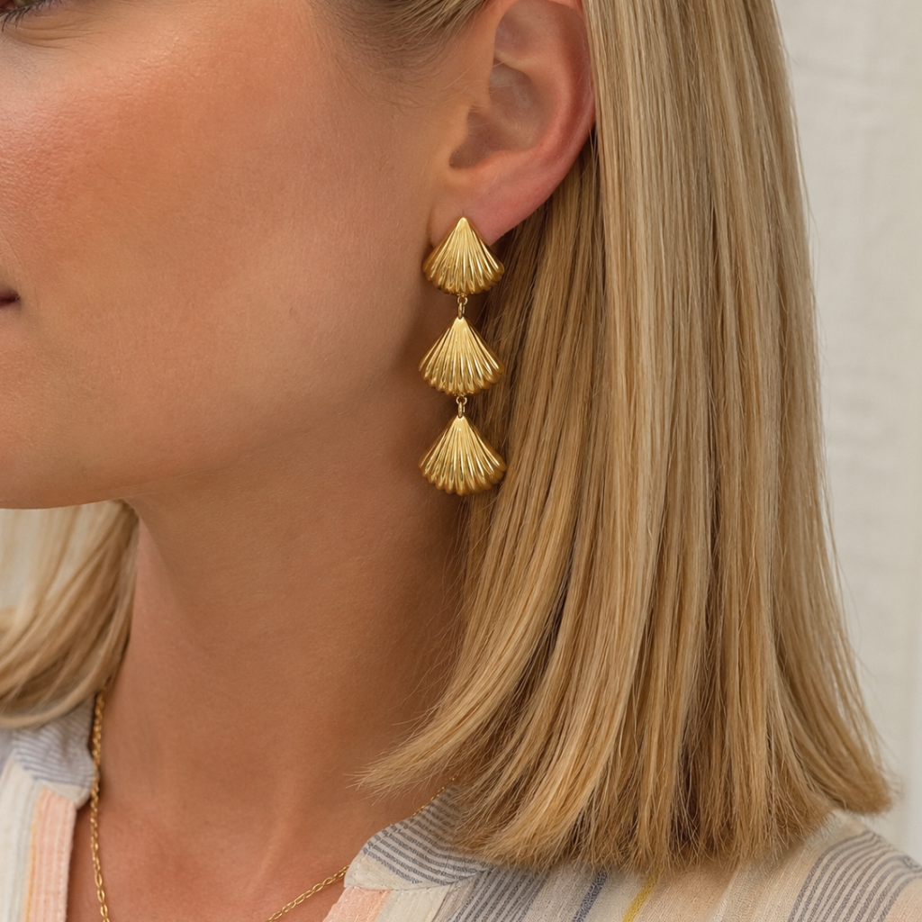 Gold Triple Shell Drop Earring