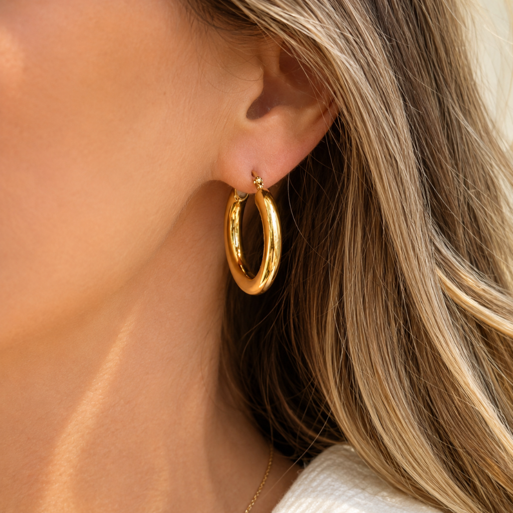 A close-up of a model's ear wearing a thick, polished gold hoop earring.