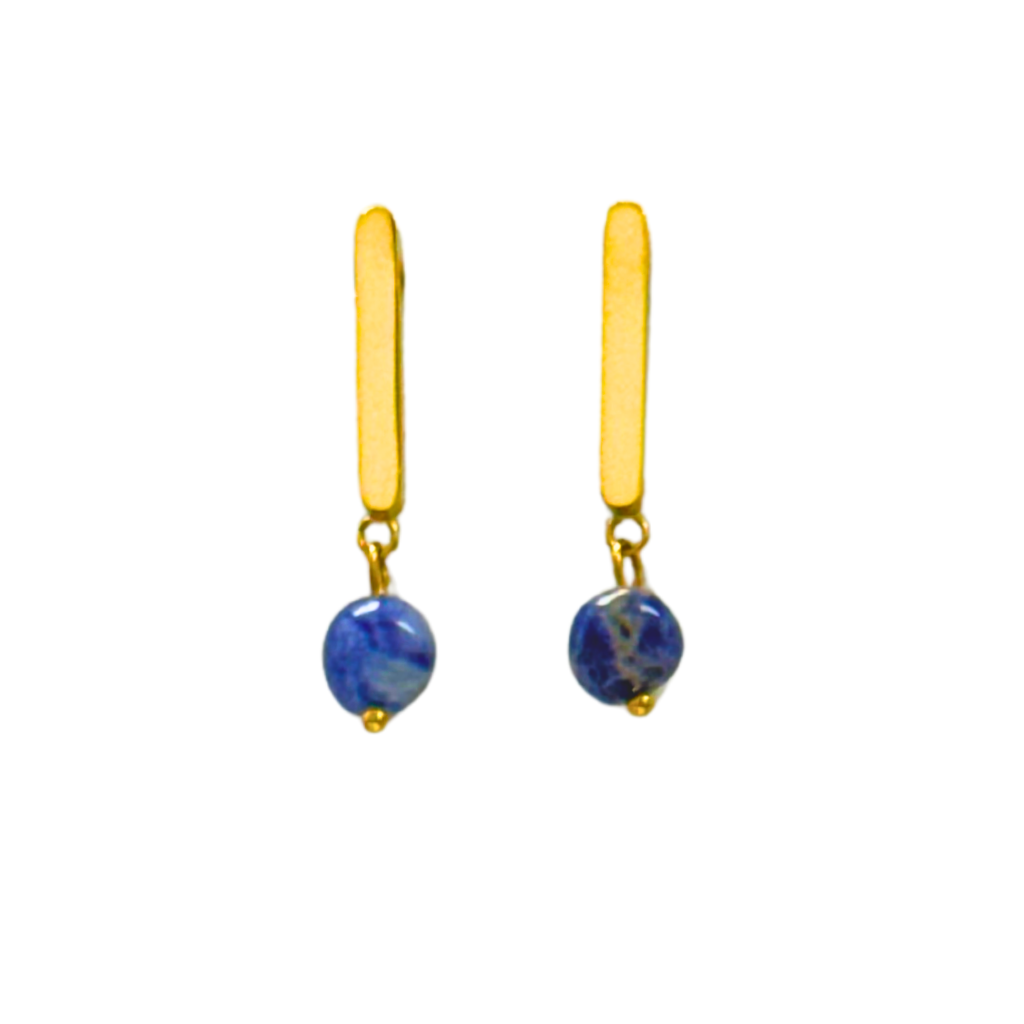 Gold Drop Earring with Natural Dark Blue Stone