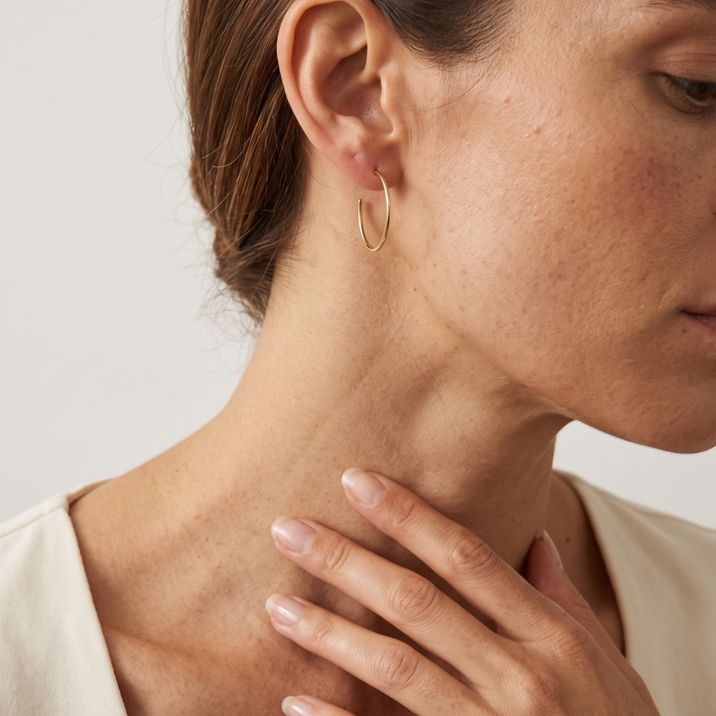 A close-up of a woman wearing a delicate, thin gold hoop earring on her ear, with her hand resting on her neck against a clean, light off-white background.