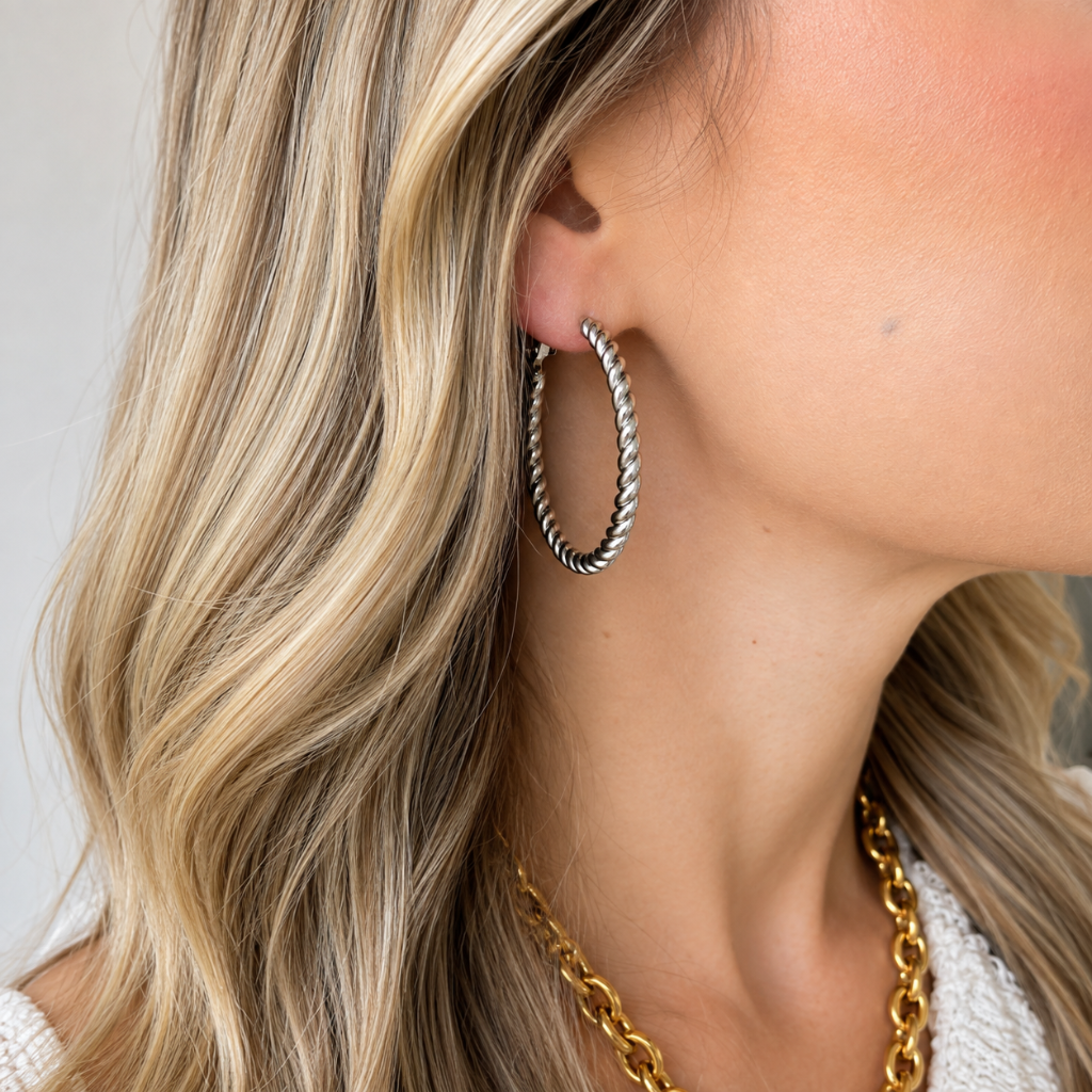 A close-up of a woman wearing a silver twisted hoop earring, with her blonde hair, neck, and a gold chain necklace visible against a light neutral background.