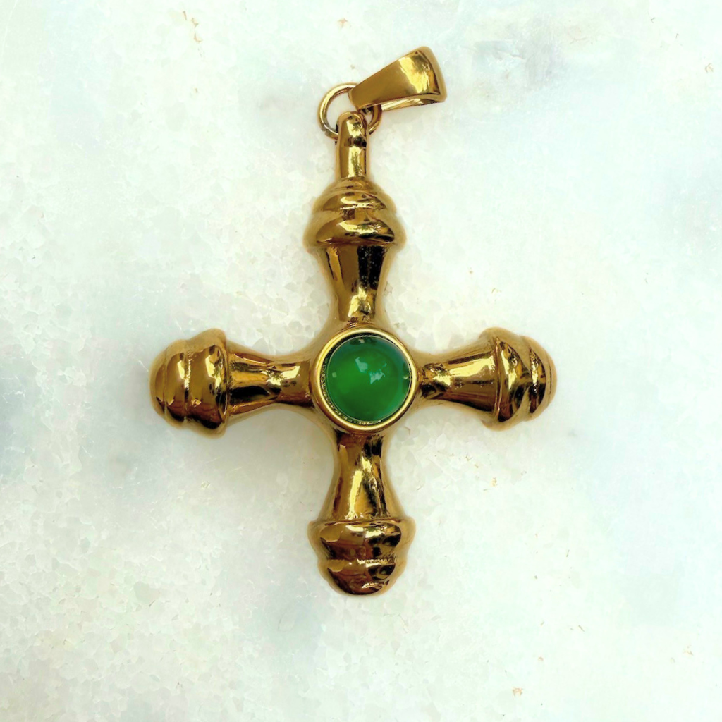 Green Stone Cross Charm