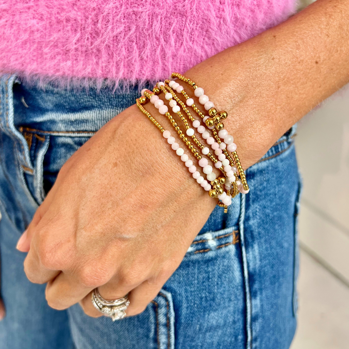 3mm Pink Opal and 2.5mm Gold Bead Cross Bracelet