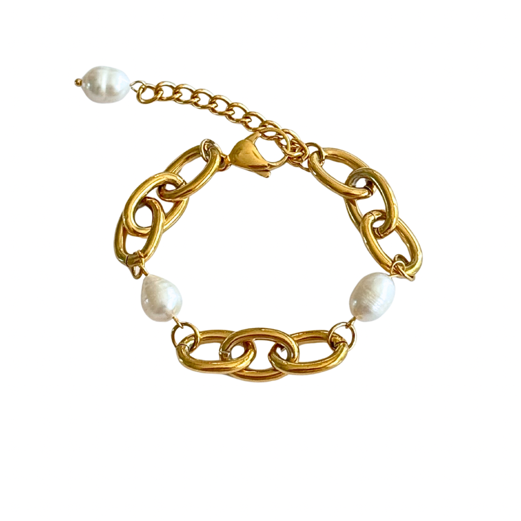 Gold Oval Link Bracelet with Baroque Pearls