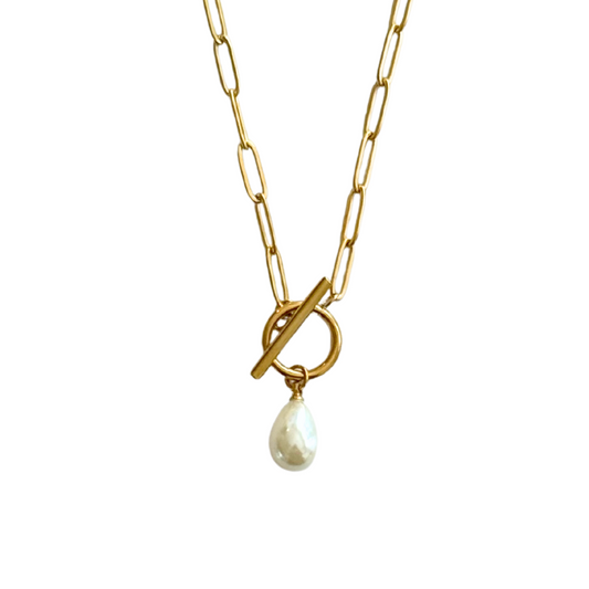 Gold Chain Drop Pearl Toggle Clasp Necklace