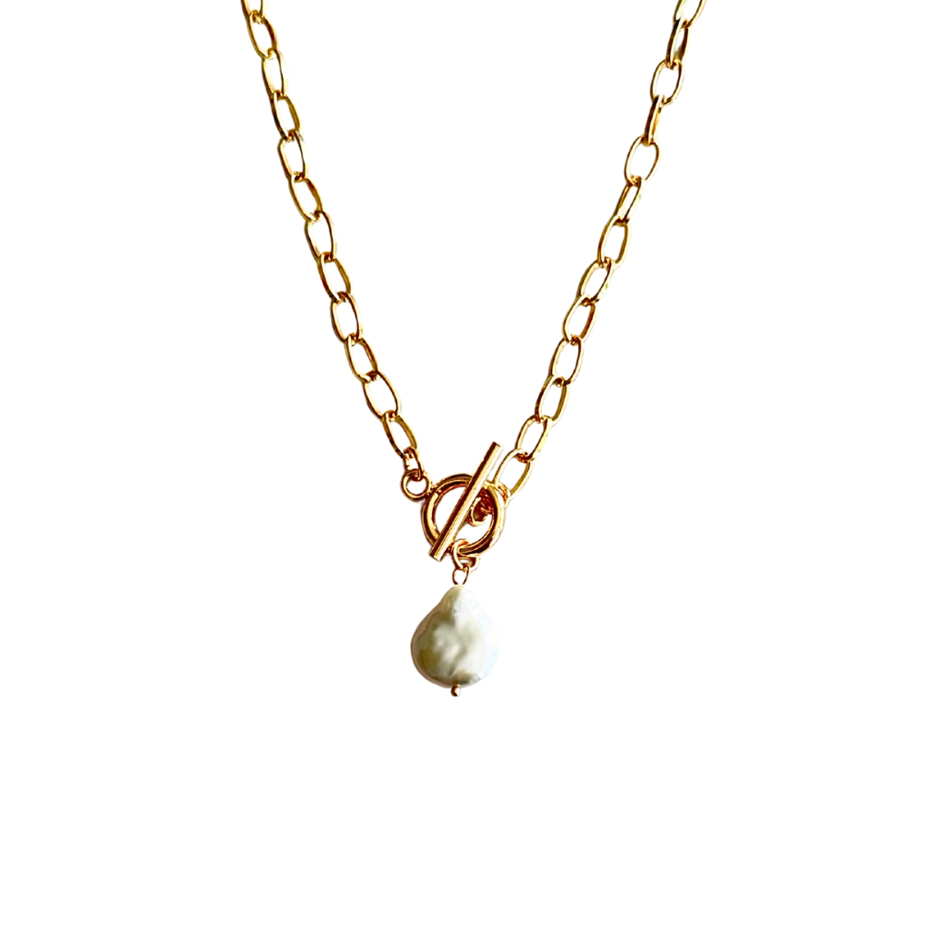 Gold Toggle Link Necklace with Freshwater Pearl