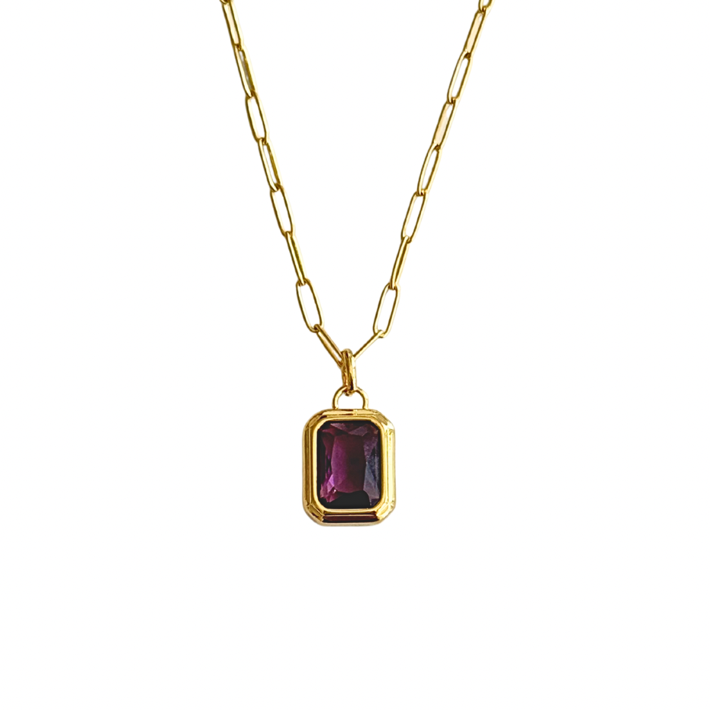 Gold Paperclip Necklace with Purple Stone