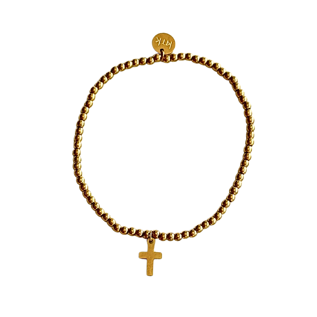 3mm Gold Bead with Gold Cross Stretch Bracelet