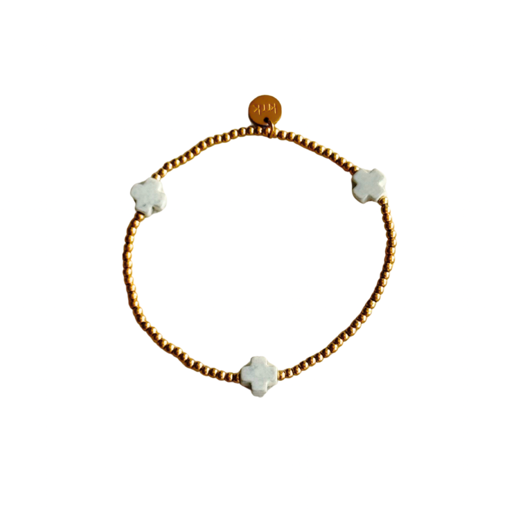 2.5mm Gold Bead & White Cross Stretch Bracelet