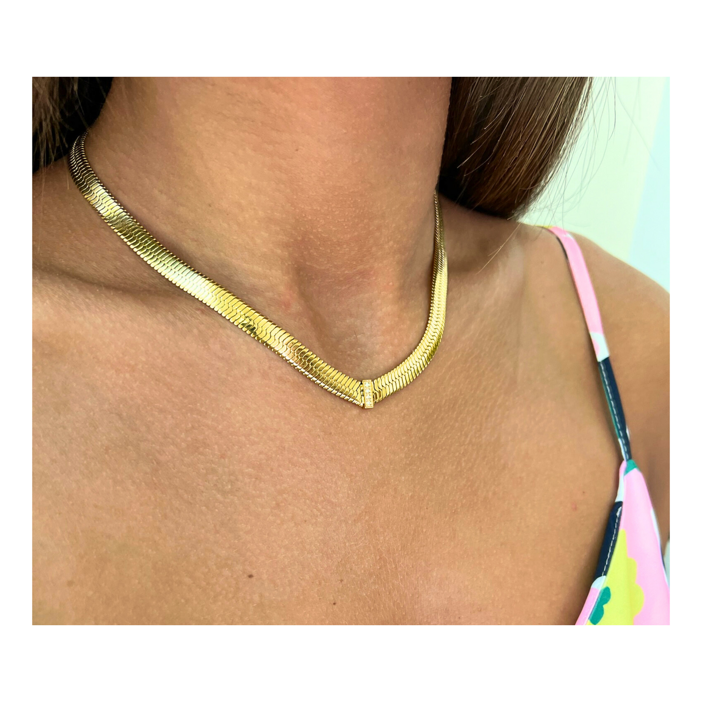 Gold Herringbone with Cubic Zirconia Necklace