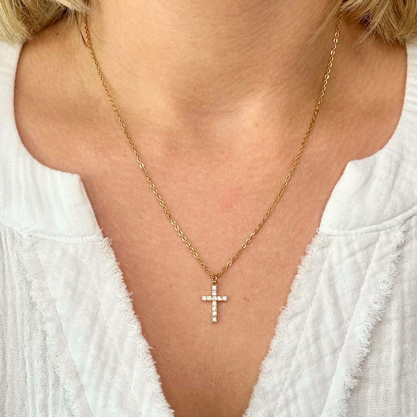 Gold Cross Necklace with Cubic Zirconia
