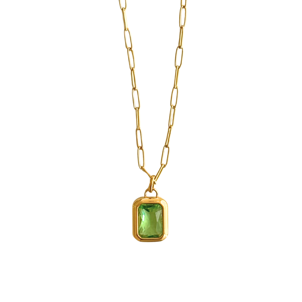 Gold Paperclip Necklace with Green Stone