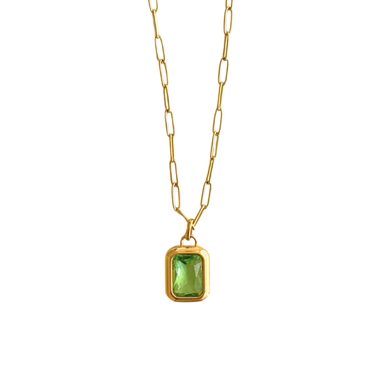Gold Paperclip Necklace with Green Stone