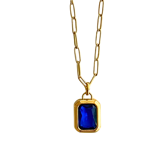 Gold Paperclip Necklace with Blue Stone