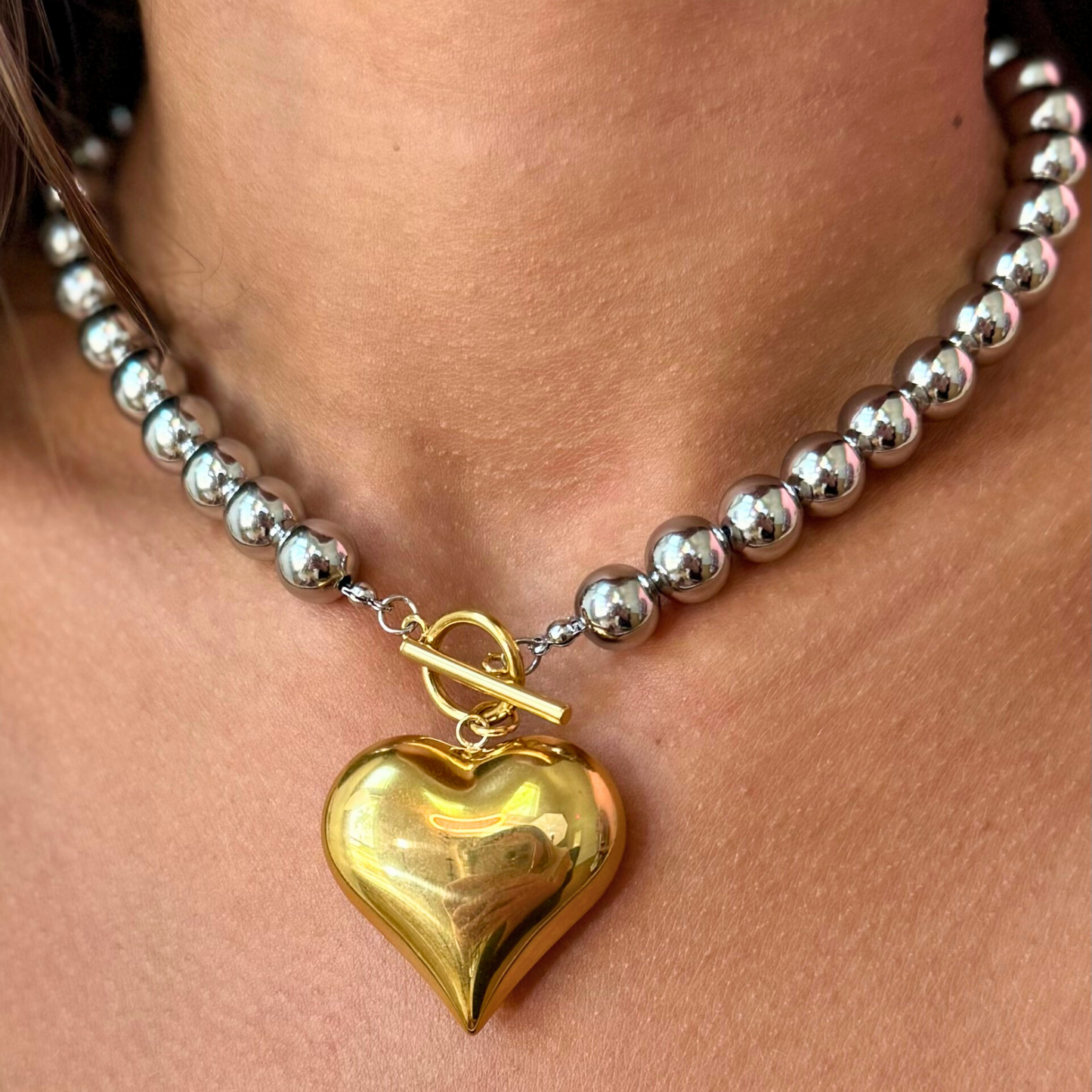Two-Tone Puffed Heart Choker