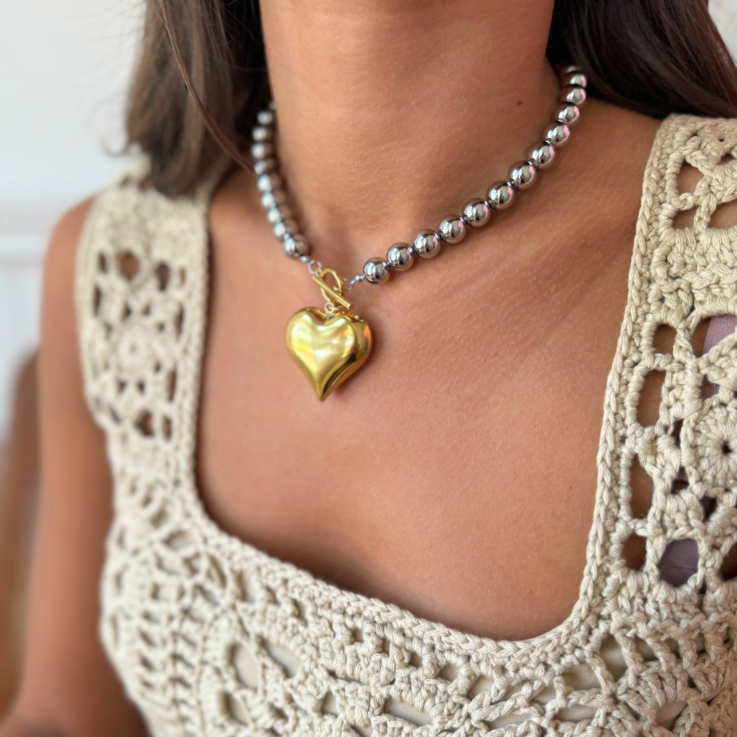 Two-Tone Puffed Heart Choker