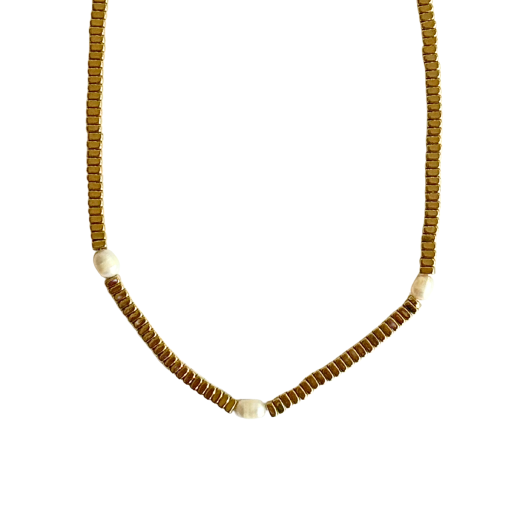 Gold bead necklace with pearl stations