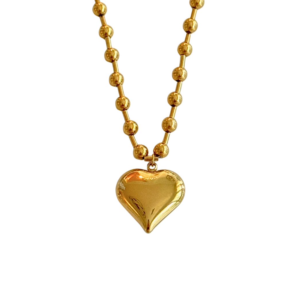 Gold Bead and Puff Heart Necklace