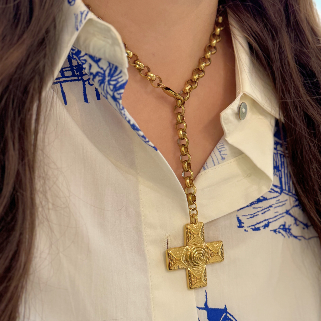 Gold Large Block Cross Pendant Necklace