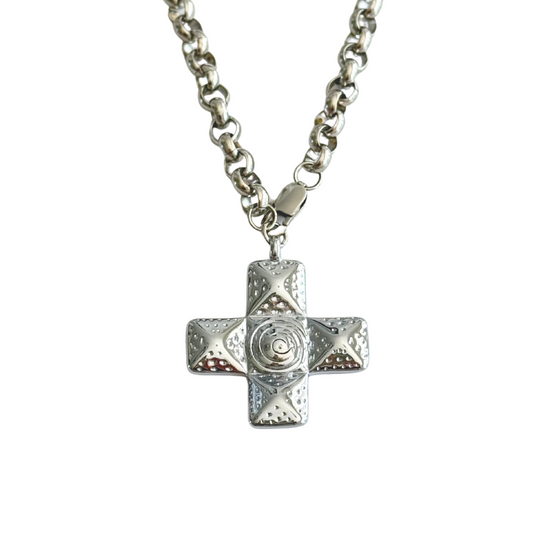 Silver Large Block Cross Pendant Necklace
