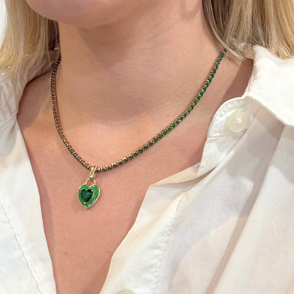 Green Tennis Necklace with Green Heart Charm