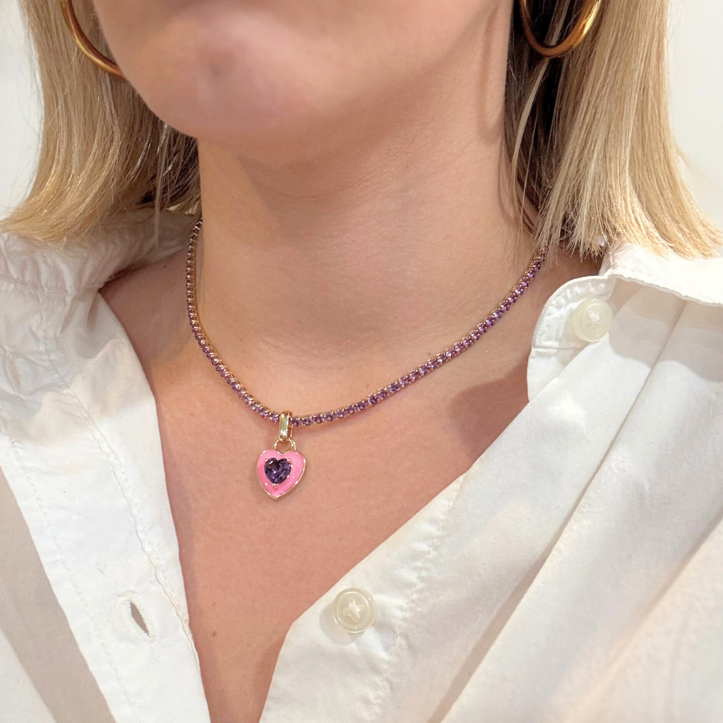 Purple Stone Tennis Necklace with Pink Heart Charm